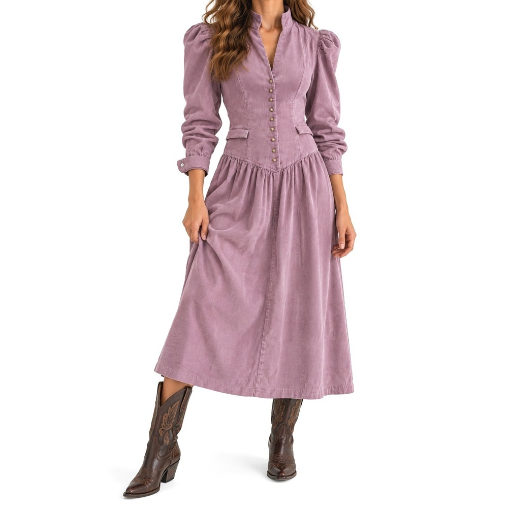 Vintage Western Corduroy Midi Dress Small Ranch Cowgirl Puff Sleeve Tie Back